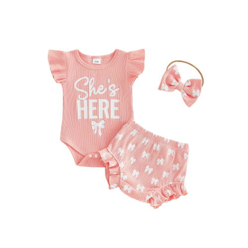 BemeyourBBs Baby Girls Summer Clothes Newborn Hospital Going Home Baby Girl Outfits She's Here Letter Print Fly Sleeves Romper and Bow Print Shorts Headband 3Pcs Set