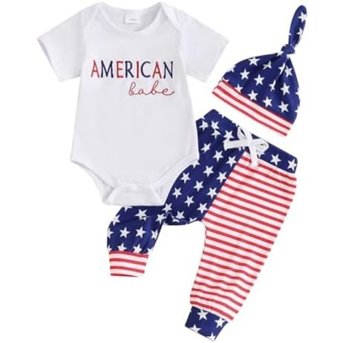 4th of July American Boy/Babe Letter Embroidery Romper + Striped Pants + Beanie Hat 3Pcs Baby Boy Outfit
