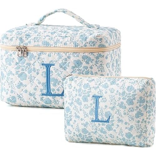 HBselect 2Pcs Initial Quilted Cotton Large Travel Cute Floral Coquette Makeup Cosmetic Toiletry Bag for Women Girls
