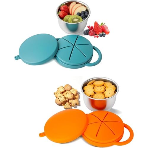 LOTBILL 2 Pack Stainless Steel Snack Cups for Toddlers Spill Proof, Toddler Snack Containers with Spill-Proof Silicone Lids & Handles, Dishwasher Safe Perfect for Mess-Free Snacking (Orange+Blue)