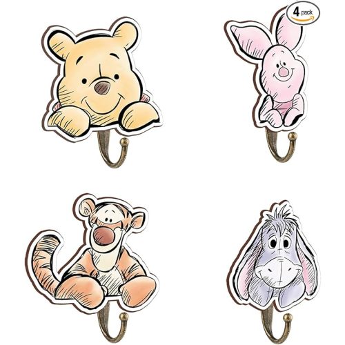 Winnie Nursery Decor, 4Pcs Kids Pooh Wall Hooks Wooden Wall Hooks Wooden Hooks, Winnie Nursery Hook Cute Towel Hanger, The Pooh Home Decoration