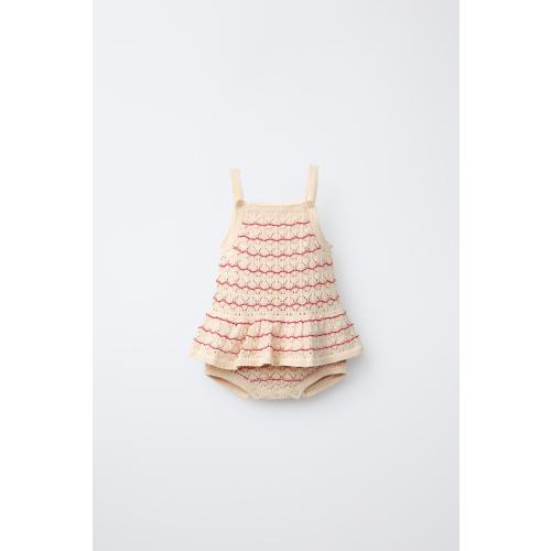 STRIPED POINTELLE KNIT ROMPER - Ecru / Red | ZARA United States