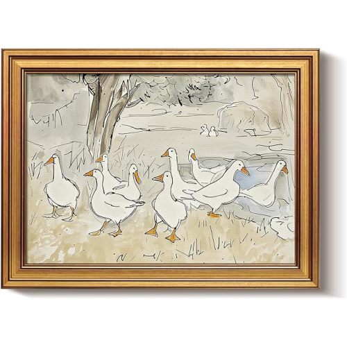 Bzstyleart Vintage Wall Art Decor for Living Room, Gold Framed Canvas Wall Art Home Aesthetic, Vintage Duck Decor, Duck Painting, 12 x 16 Inch