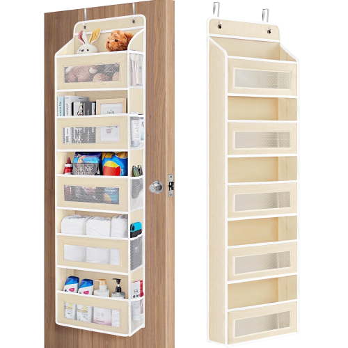 JARLINK Over The Door Organizer Storage, 5 Shelf Hanging Door Organizer with 5 Large Capacity Pockets, Anti Tilt 44 lb Load Behind Door Storage for Bedroom, Bathroom, Pantry, Nursery (Beige)