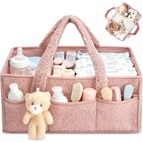Nappy Caddy Organiser, Newborn Essentials Diaper Caddy, Washable Felt Nursery Storage Baskets with Detachable Compartments, baby shower gifts for New Mum (Pink)