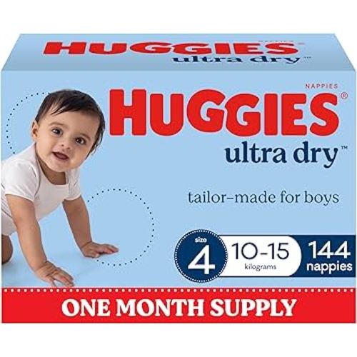 Huggies Ultra Dry Nappies Boys Size 4 (10-15kg) 144 Count - One Month Supply (Packaging May Vary)