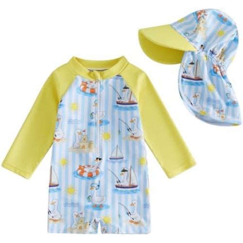 Socutebabe Infant Baby Boy 4th of July Swimsuit Toddler Rash Guard Baby One Piece Swimwear Sunsuit Bathing Suit Beachwear Hat