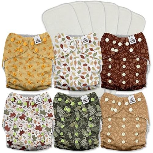 Mama Koala 3.0 Pocket Cloth Diapers for Babies with AWJ Lining, 6 Pack with 6 5-Layer Natural Cloth Diaper Inserts - Reusable and Washable Pocket Diapers(A-Falling Leaves)