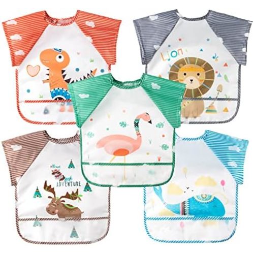 R HORSE 5Pcs Short Sleeved Bib for Baby Toddlers Waterproof Sleeved Bib with Pocket Animal Infants Feeding Bib for 0-36 Month