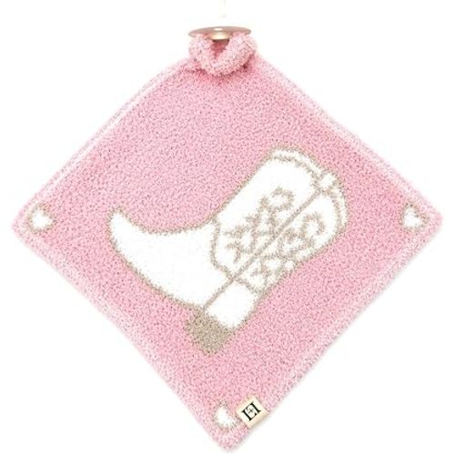 L+L USA Cowgirl Boot Baby Lovey Pacifier/Teether Holder 10"x10" - DreamSoft Plush Fluffy Cuddly Soothie Reversible Mini Comfort Blanket - Cute Newborn Gift Essential Babies Boys Girls (Pink/White)