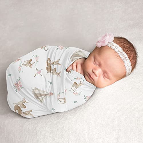 Sweet Jojo Designs Woodland Deer Floral Girl Swaddle Blanket Jersey Stretch Knit for Newborn or Infant Receiving Security - Blush Pink, Mint Green and White Boho Watercolor Forest