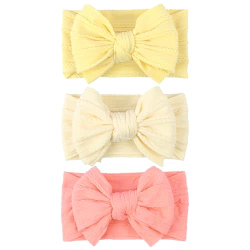 LemonSpace Handmade Nylon BabyGirl Headband Bows for Newborn Yellow Mix3Pcs | Soft Nylon Baby Stretchy Hair Bands Hair Accessories with Bows for Newborn Baby Girls Infant Toddlers Kids(Light Yellow Mix)