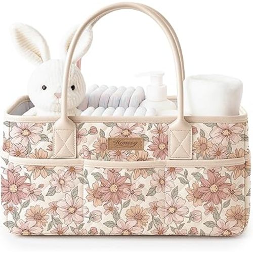 Konssy Floral Quilted Diaper Caddy Organizer, Diaper Caddy Basket with PU Leather Handles, Water-Repellent Nursery Storage Basket, Portable Car Organizer, Registry Search Must Haves (Vintage Petals)