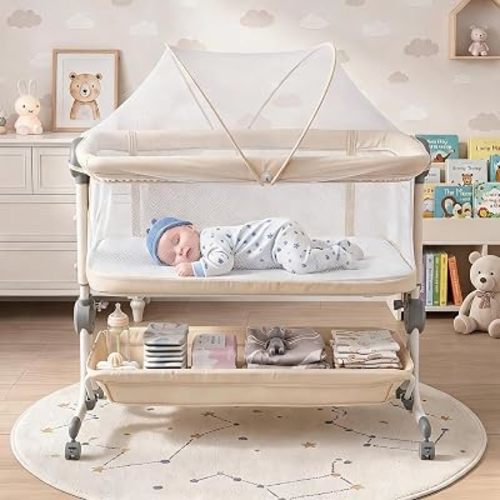Garvee 3 in 1 Baby Bassinet, Bedside Bassinet for Baby with Mosquito Net, 6 Height Adjustable Levels, Seamless Bedside, Breathable Mesh, Large Storage Basket, Portable Bassinet Easy Folding