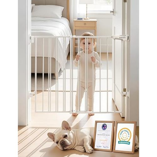 Babelio Baby Gate for Stairs, Kitchen & Doorways, No Bottom Bar| Easy Installation| One-Handed Operation| Auto-Close| Hardware Mount (Drill Needed) Safety Dog Gate (White - B17, 24-39" W, 28" H)