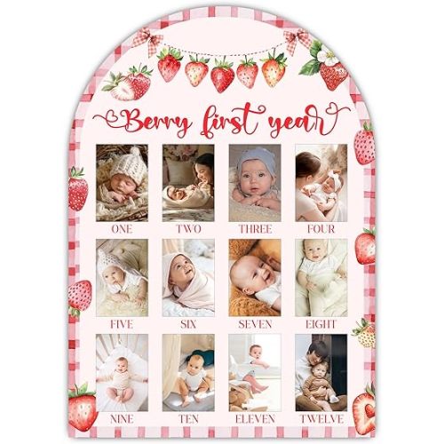 Berry My First Year Photo Board, Pink Strawberry Baby Milestone Signs for Girls Boys Nursery Decor, 12 Month Wooden Picture Board for 2x3 Photos, Best Babies Keepsake Gifts-A15