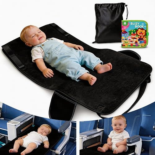 Toddler Airplane Bed, Airplane Seat Extender for Kids, Portable Velvet Plane Bed for Long Flights, Non-Slip Washable Seat Extender with Farm Busy Book & Travel Essentials, Black