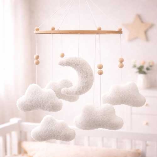 Crib Mobile Moon & Clouds, Neutral Nursery Decor, Handmade Plush Baby Room Decor