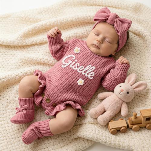 Hand Embroidered Name Baby Romper Set, Custom Baby Name Knit Ruffle Romper, Baby Shower Gift, Ruffle Infant Romper, First Birthday Gift