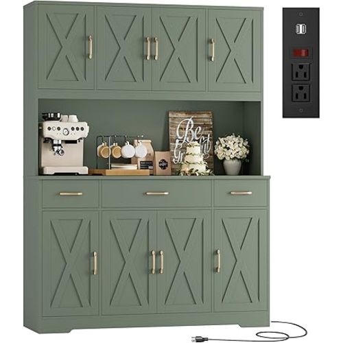 HOSTACK 71" Tall Pantry Cabinet with Charging Station, 55" Wide Kitchen Pantry Storage Cabinet with Countertop, Large Kitchen Hutch with Storage Drawers and Doors for Dining Room, Living Room, Green