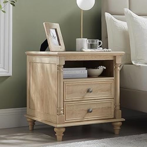 T4TREAM 24'' Farmhouse End Table w/4 Solid Wood Feet, Large 2 Drawers Wide Sofa Side Table with Charging Station, Tall Modern Wood Square Nightstand for Living Room, Bedroom, Office, Natural Oak
