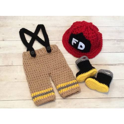 Crochet Fireman Outfit - Newborn Photo Prop, Infant Costume