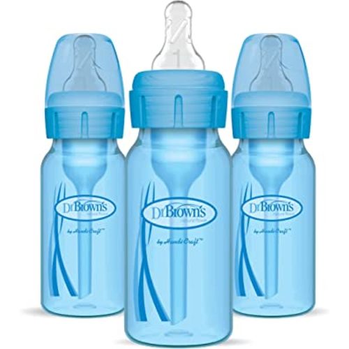 Dr. Brown's Natural Flow Anti-Colic Options+ Narrow Baby Bottles 4 oz/120 mL, with Level 1 Slow Flow Nipple, 3 Pack, 0m+ Blue