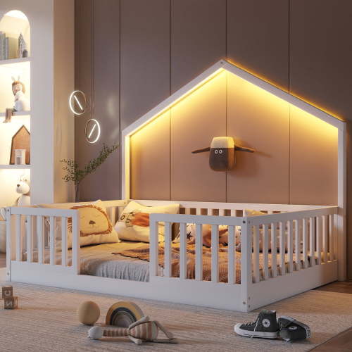 Full Size Montessori Floor Bed with High Rails, Wood House Beds Frame with LED Light, Low Profile Montessori Bed Full with Slats for Kids, Easy to Assembly, Full bed frames white