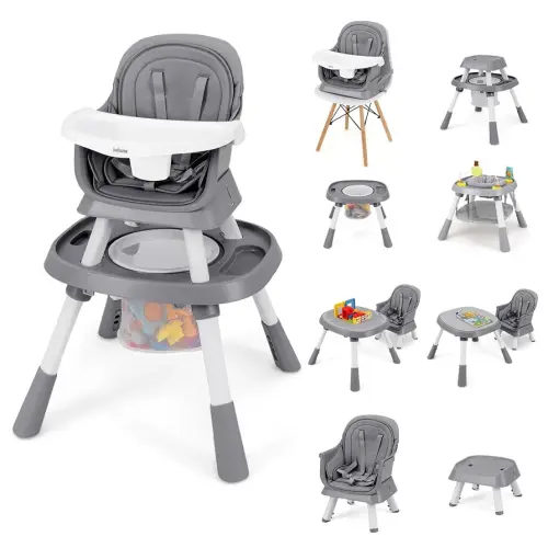 INFANS 9 in 1 High Chair, Convertible Baby Highchair for Babies and Toddlers, Table and Chair Set Building Block Infant Dining Booster Seat, Kids Stool with Activity Children Play Kitchen (Grey)