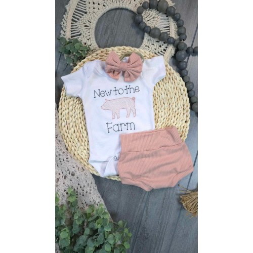 Baby Girl New to the Farm Outfit with Bummies, matching bow, Going Home Newborn Baby Outfit Cowgirl Farm Girl Pink Hospital