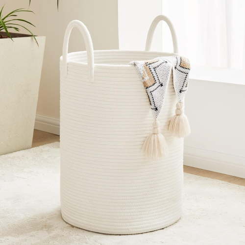72L Large Woven Laundry Hamper, Tall Cotton Rope Storage Basket, Jute Baby Nursery Hamper for Blankets, Toys and Clothes in Bedroom and Living Room Organizing, White