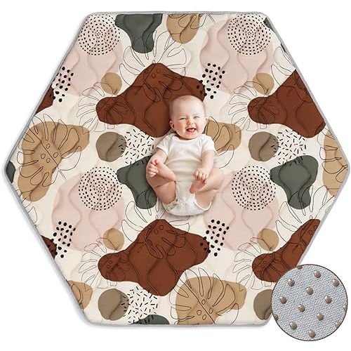 Blissful Diary Hexagon Playpen Mat,52x48 Thicken Soft Playpen Mat fits Regalo Portable Play Yard 48 Inch and Hiccapop 53" PlayPod Playpen,Washable Baby Play Mat for Infants Toddler Kids,Boho Design