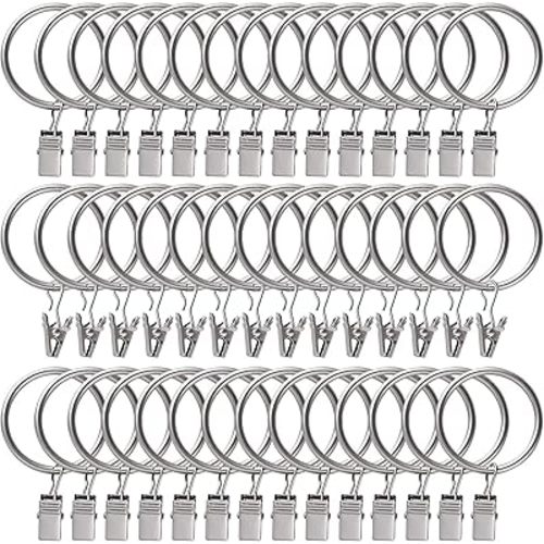44pcs Curtain Rings with Clips Hooks, 1.26 inch Metal Stainless Steel Drapery Rings Hanger Clips for Tension Rod Bracket Eyelets Decorative Hangers, Silver (1.26" Interior Diameter)