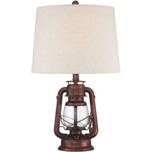 Franklin Iron Works Murphy Rustic Industrial Accent Table Lamp Miner Lantern 23" High Red Bronze Oatmeal Fabric Shade for Bedroom Living Room Office