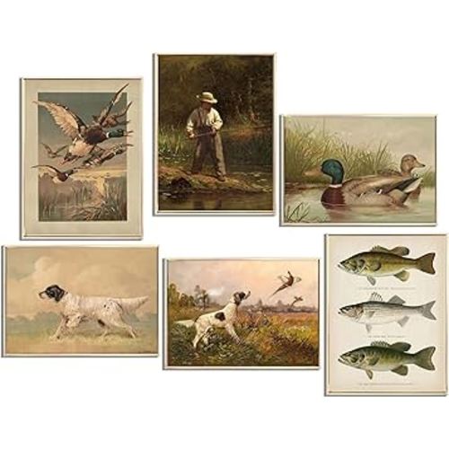 6Pcs Nursery Hunting Wall Art Vintage Fishing Boy Wall Decor Mallard Duck Painting Pictures Hunting Dog Pheasant Posters Prints for Boys Room Farmhouse Canvas Unframed