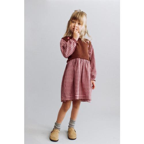 GINGHAM COMBINATION DRESS WITH EMBROIDERED FLOWERS - Fuchsia | ZARA United States