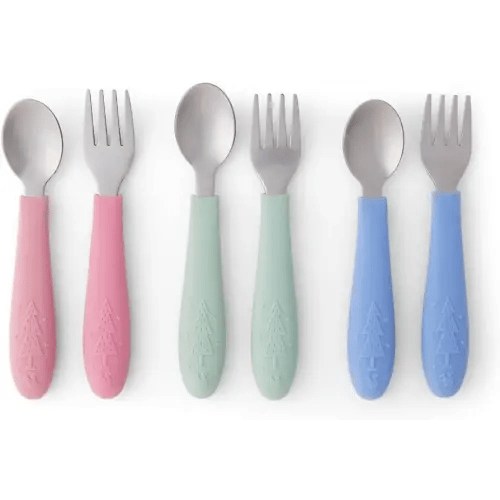 Elk and Friends Kids Silverware with Silicone Handle | Childrens Safe Flatware | Toddler Utensils | Baby Spoons + Forks | Stainless Steel Cutlery | Dishwasher Safe | 6 Pieces