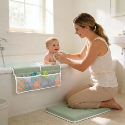 Baby Bath Kneeling Pad Set Memory Spume Knee Elbow Assist Toy Storage Pouches Against Slip