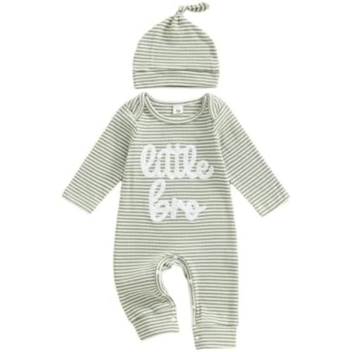 Tsnbre Newborn Baby Boy Clothes Little Bro One Piece Romper Jumpsuit Ribbed Knit Long Sleeve Striped Bodysuit with Hat