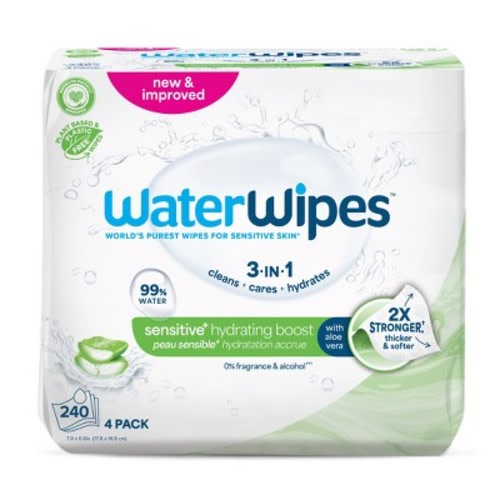 WaterWipes Sensitive+ Hydrating Boost Wipes, 3-In-1 Cleans, 99% Water with Aloe Vera, Unscented & Hypoallergenic Baby Wipes - 240ct