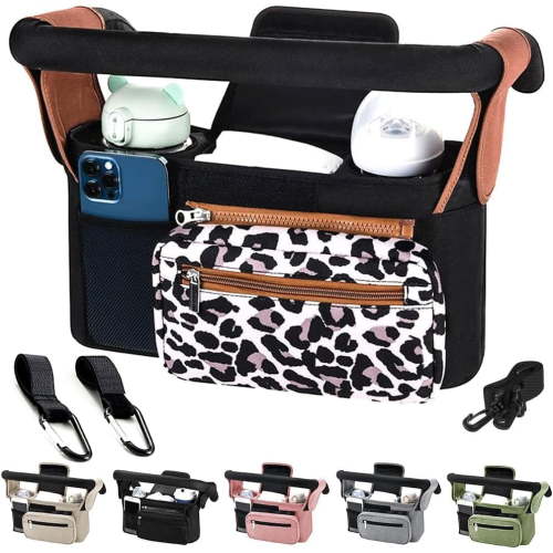 Baby Stroller Organizer, Universal Stroller Organizer with Detachable Phone Bag, Stroller Caddy with 2 Insulated Cup Holders, Buggy Organizer Bag with 2 Hooks Fits Most Strollers