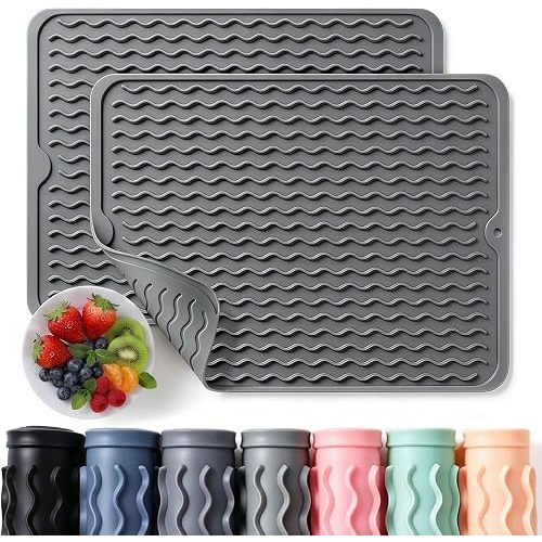 2 Pack Caketime Silicone Dish Drying Mat for Kitchen Counter Heat Resistant Under Sink Waterproof Coffee Bar Accessories Dining Rack Stone Utensil Holder Countertop Decor Must Haves 2026