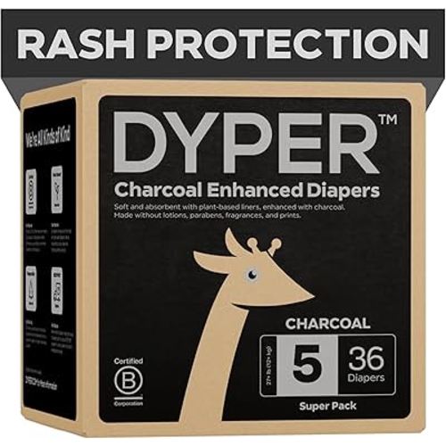 DYPER - Charcoal Enhanced Day & Overnight Disposable Baby Diapers - Made with Plant-Based* & Skin-Friendly Ingredients, Hypoallergenic for Sensitive Skin - Size 5, (36 Count)