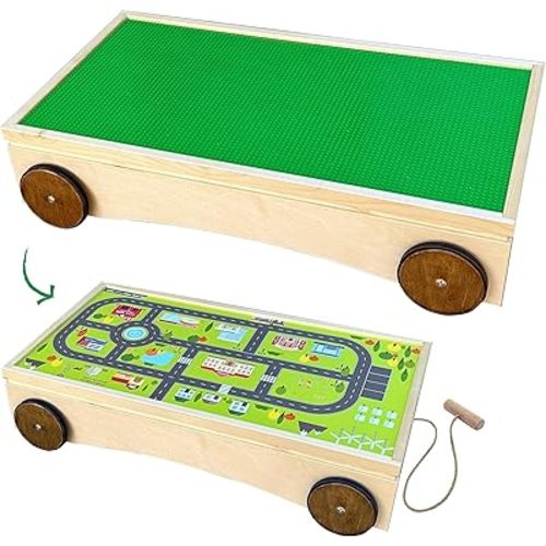 Montessori Birch Wood Handmade Multifunction Toddler Activity Table with Storage, Lego, Duplo & Mega Bloks Compatible, Kids Play Table with Car Track, Sandbox with Wheels, Under Bed Sofa Toy Storage