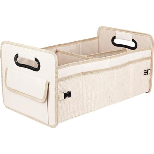 Car Trunk Organizer, Car Organizers and Storage Collapsible Multi Compartment Container Box, Adjustable Car Accessories for SUV Sedan Truck, Standard Size, Beige