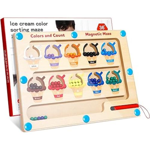 Magnetic Color and Number Maze, Montessori Toys for 3+ Year Old, Wooden Puzzle Activity Board, Toddler Counting Maze Toys for Boys Girls Preschooler 3 4 5 Years Old Gift(Ice Cream)