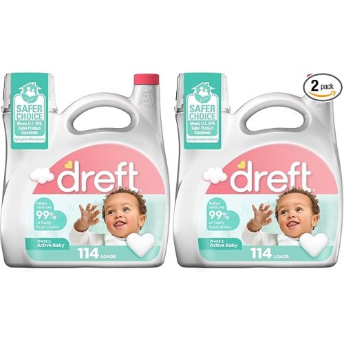 Dreft Stage 2 Active Baby Liquid Laundry Detergent,Helps Remove 99% of Baby Food Stains,114 loads,(Pack of 2)