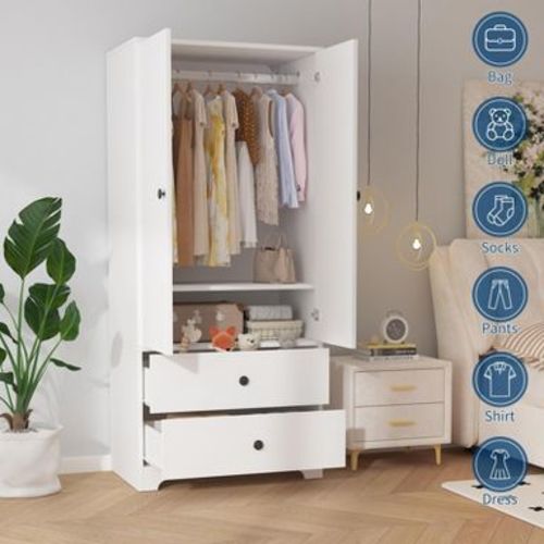 71" Armoire Wardrobe Closet, Modern Wood Storage Cabinet with 2 Drawers 2 Doors Adjustable Shelves, Hanging Rod Clothing Organizer