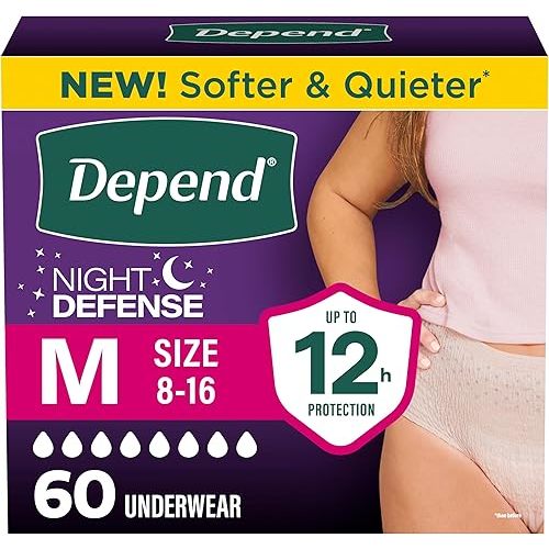 Depend Night Defense Adult Diapers, Incontinence & Postpartum Bladder Leak Underwear for Women, Disposable, Overnight, Medium, Blush, 60 Count (4 Packs of 15), Packaging May Vary