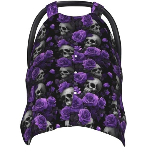 Gothic Purple Roses Skulls Print Baby Car Seat Covers, Cute Nursing Cover Breastfeeding Cover, Breathable Stroller Covers, Multi-use Infant Carseat Canopy, Baby Boys Girls Newborn Essentials